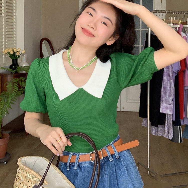 SUXI Áo Croptop Dệt Kim Mỏng Tay Ngắn Cổ Chữ V Dáng Ôm Thời Trang Mùa Hè Cho Nữ