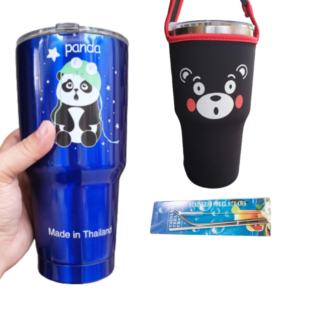 Combo ly giữ nhiệt 900ml gấu panda xanh (có túi, 2 ống hút, 1 cọ)