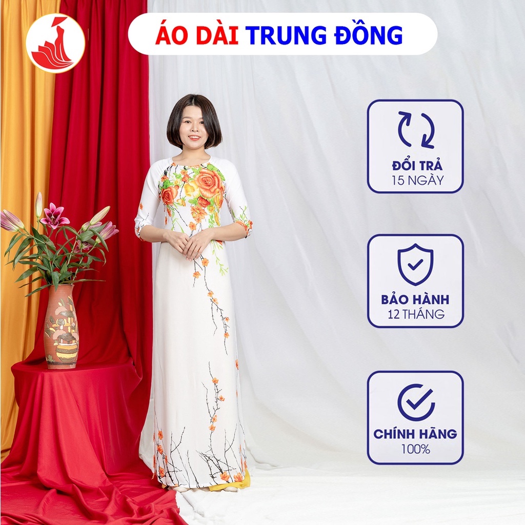 Áo dài hoa nhí cổ tròn tay lỡ vải voan | Áo dài trung đồng