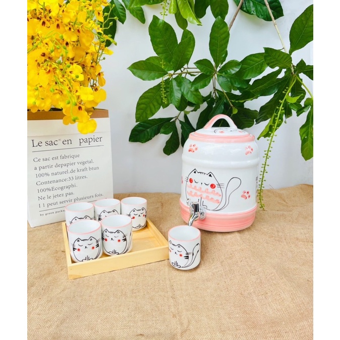 Bình Nước Dáng Trụ Bộ Bình Đựng Nước Hoạ Tiết Vẽ Tay Nhiều Mẫu Decor Dễ Thương Cốc Uống Nước Sứ Bát Tràng