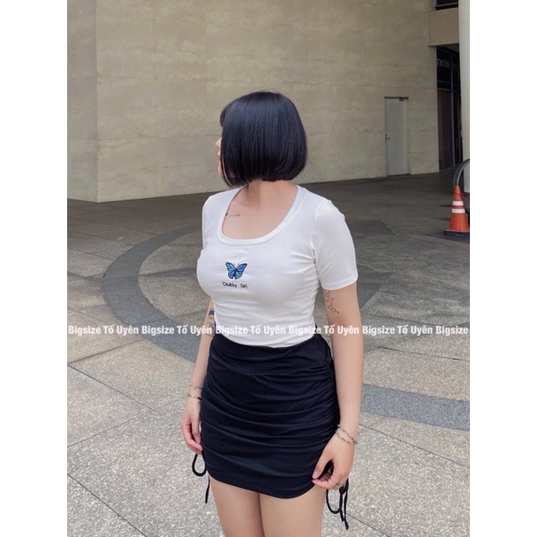 (T.U Bigsize 50-80kg) Áo Croptop Cộc Tay Cổ Trễ Thêu Hồ Điệp Phong Cách Chubby