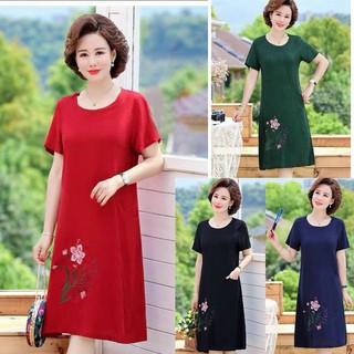 Đầm suông thêu hoa, đầm trung niên chất đũi quảng châu size từ 40-78kg