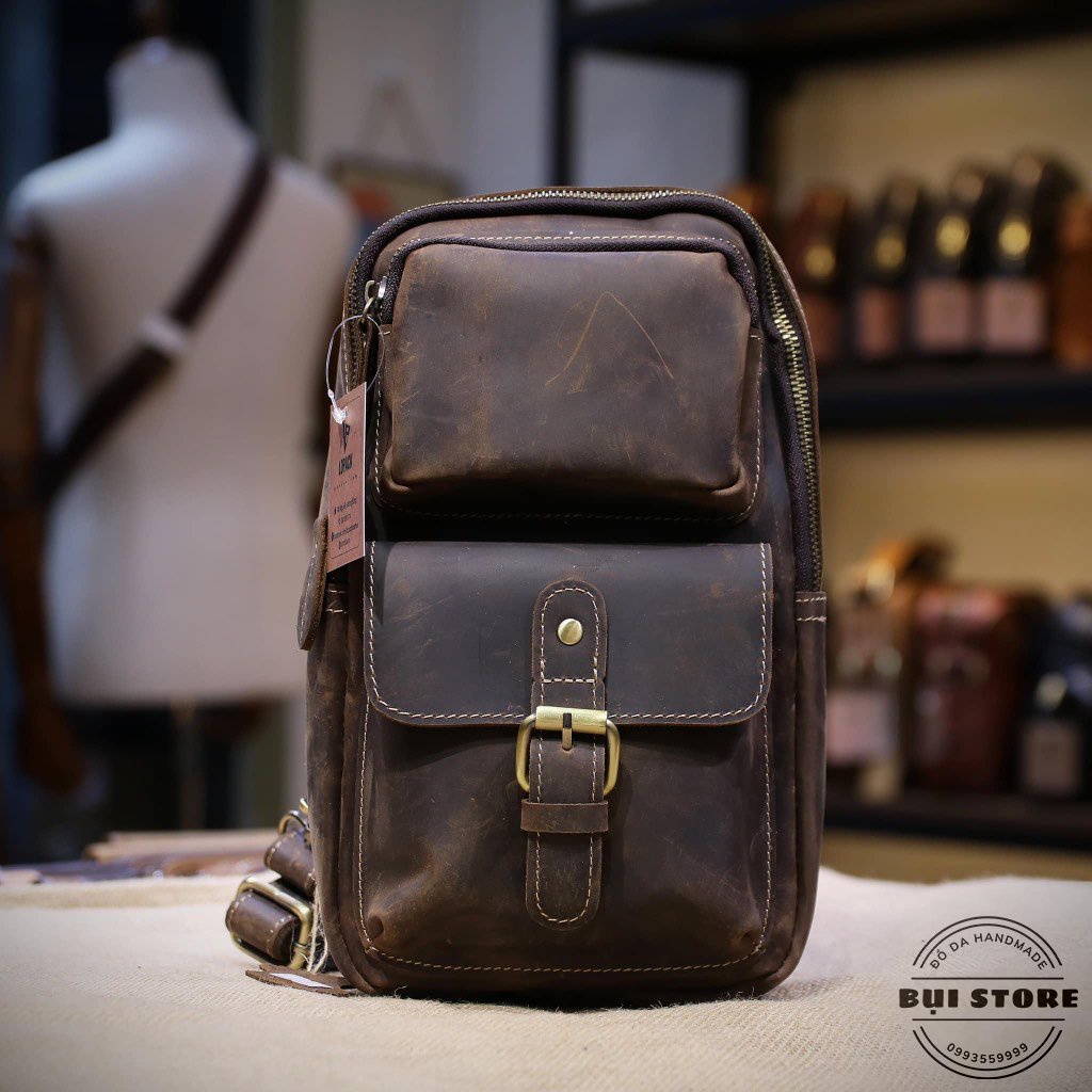 Túi đeo chéo trước ngực , Túi nam da thật 100% da bò sáp Handmade khâu tay thủ công BH 3 năm