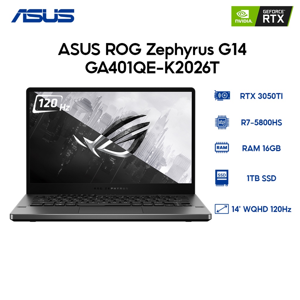 Laptop ASUS ROG Zephyrus G14 GA401QE-K2026T R7-5800HS | 16GB | 1TB | VGA RTX 3050Ti 4GB | 14' WQHD 120Hz | Win 10 | Anim