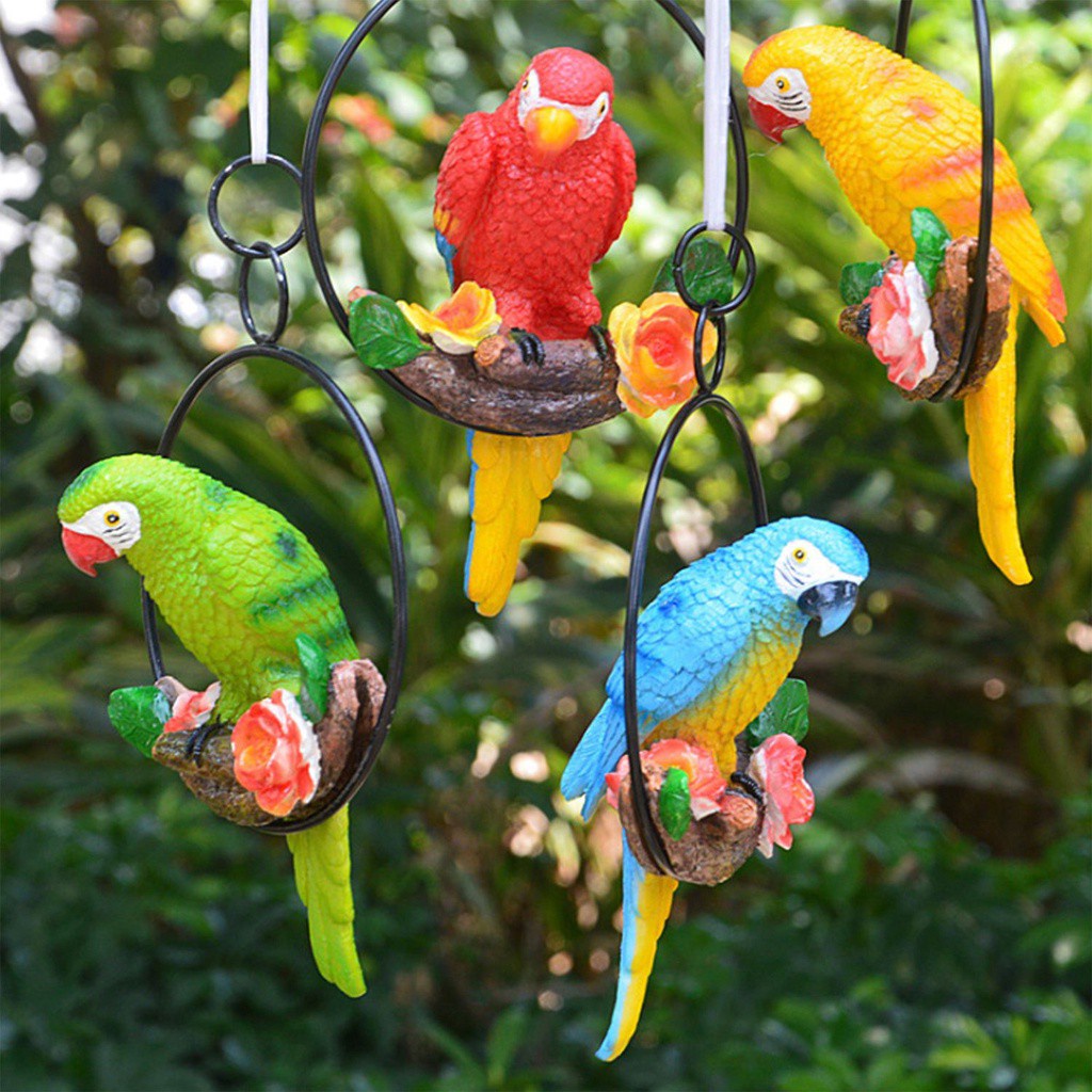 LUCKY Garden Decor Bird Statues Perching Hanging Sculpture Parrot Statue Artificial Iron Ring Home Garden Resin Lawn Ornament/Multicolor