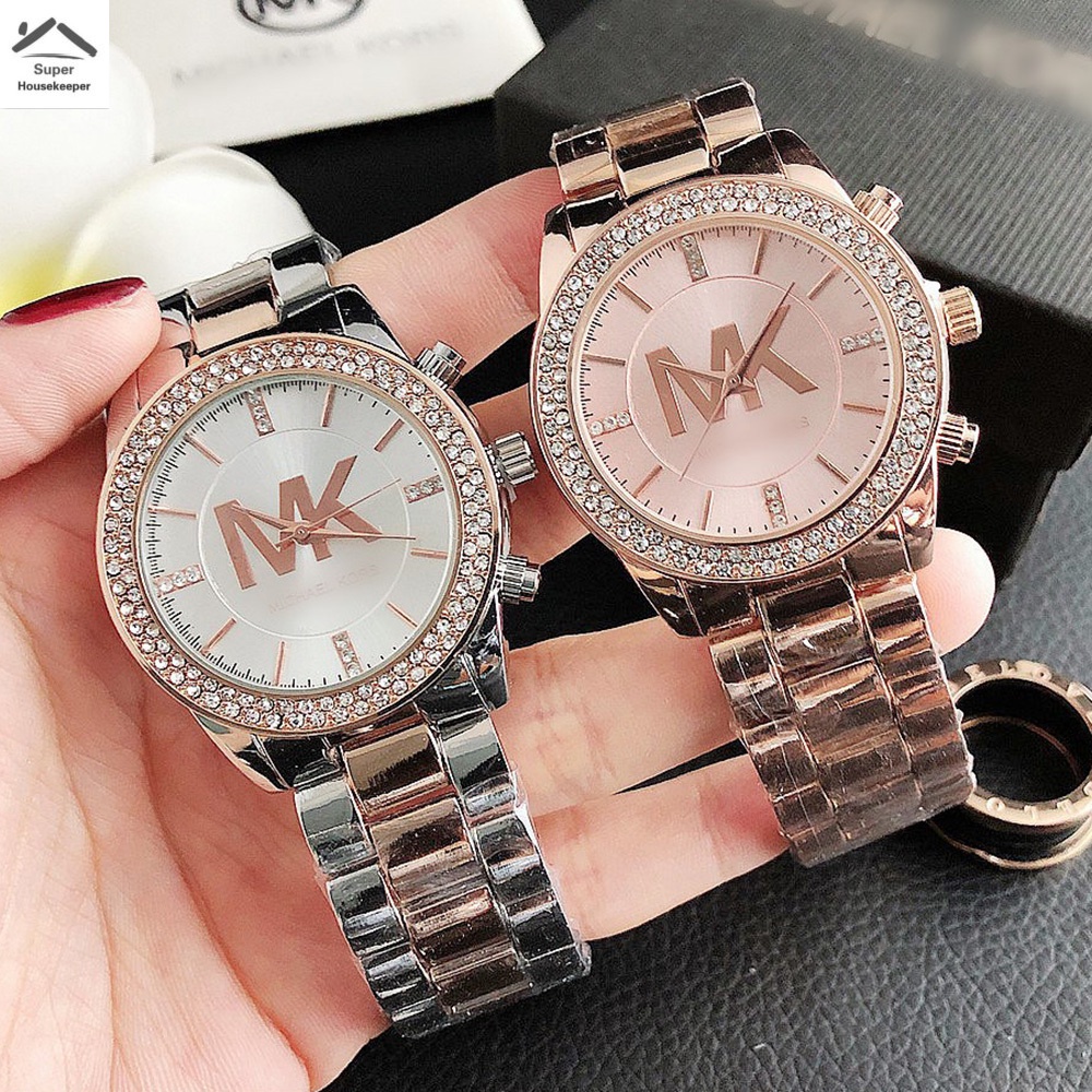 Mk Đồng Hồ Đeo Tay Dây Inox Đính Đá Thiết Kế Đơn Giản Thời Trang Cho Nam Và Nữ