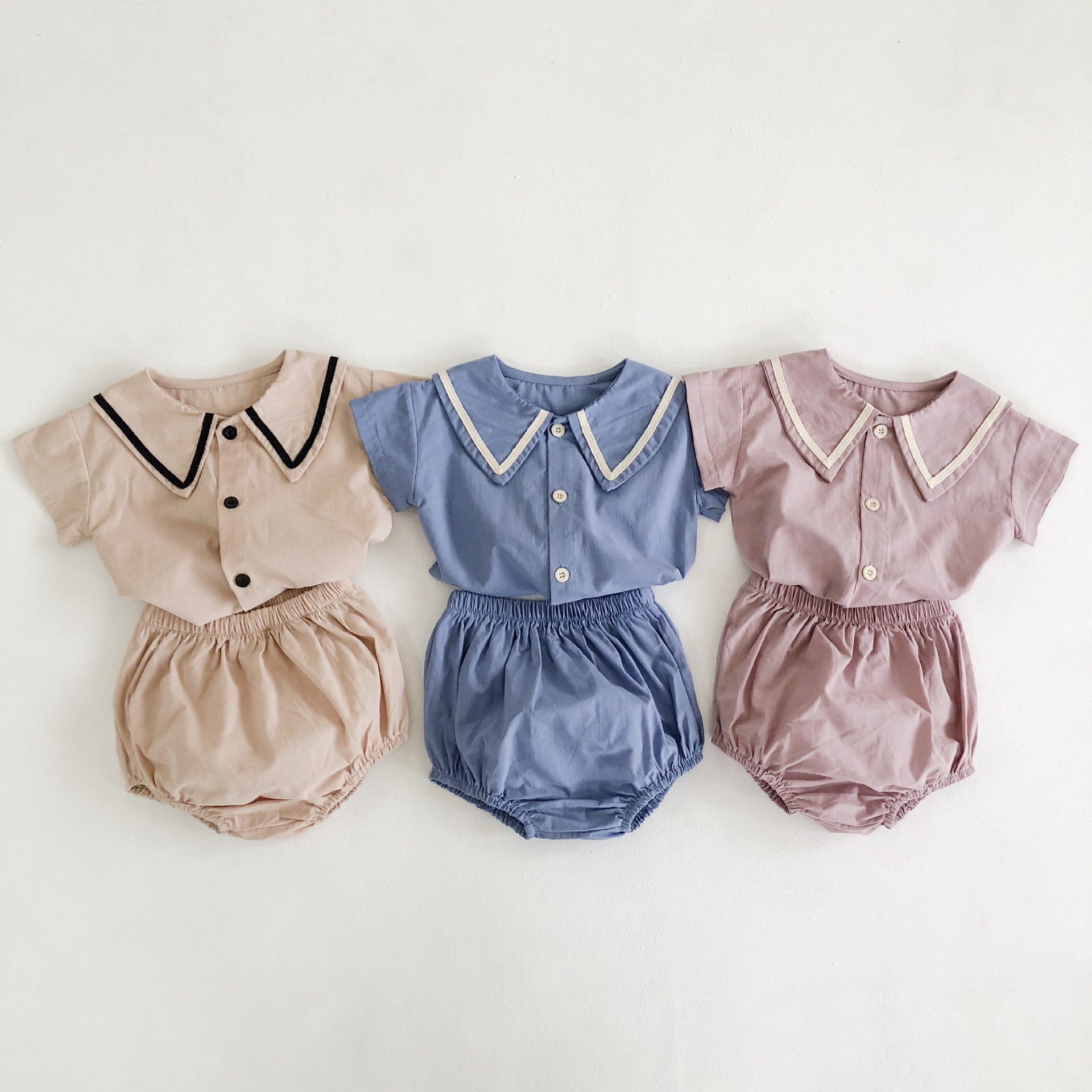 Baby Navy Square Collar Short-sleeved Cotton Top Shirt + Shorts Two-piece Suit Newborn Infant Girls Boys Summer Clothes Set