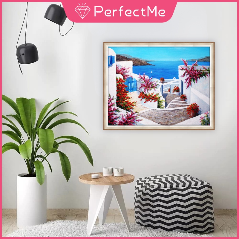 Bộ Tranh Đính Đá 5D Họa Tiết Phong Cảnh Santorini Độc Đáo DIY 50x40cm