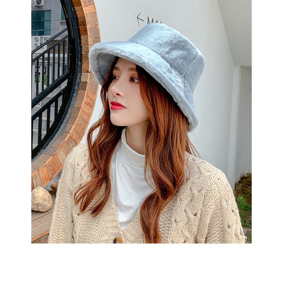Mũ bucket lông thỏ cao cấp màu trơn
