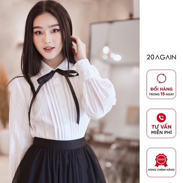Áo sơ mi dài tay 20AGAIN, thiết kế cổ vuông thắt nơ nữ tính, điệu đà ASA2209
