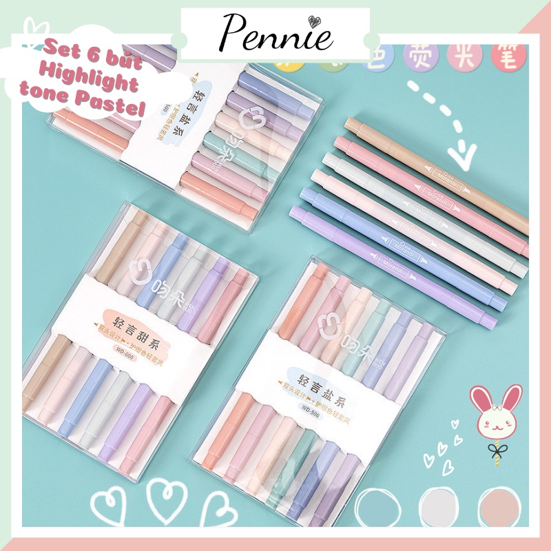 [HCM] Bộ 6 bút highlight tone Pastel nhạt bút dạ quang thân tròn 2 đầu Pennie