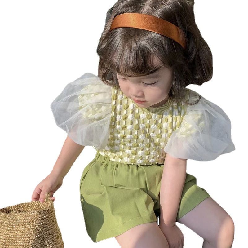 Bộ Áo Tay Phồng + Quần Short Thời Trang Mùa Hè Hàn Quốc Cho Bé Gái