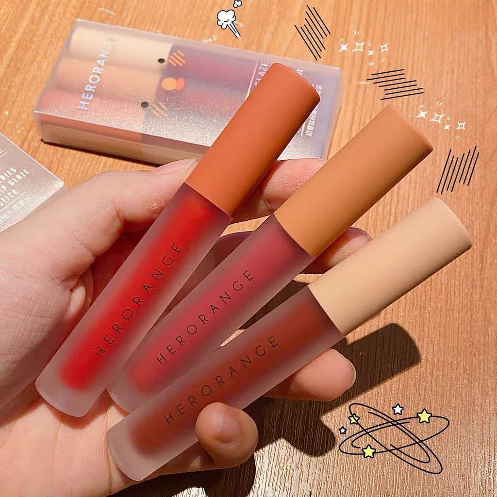 Set Son Kem 3 Cây HERO LOVE LIP GLAZE Tone Đỏ Tây Auth Nội Địa