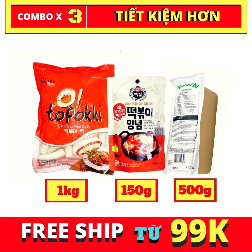 ( COMBO ) BÀNH GẠO TOPOKKI HÀN QUỐC 1KG KÈM SỐ TOKBOKKI HÀN QUỐC 150G + 500G PHÔ MAI MOZZARELLA