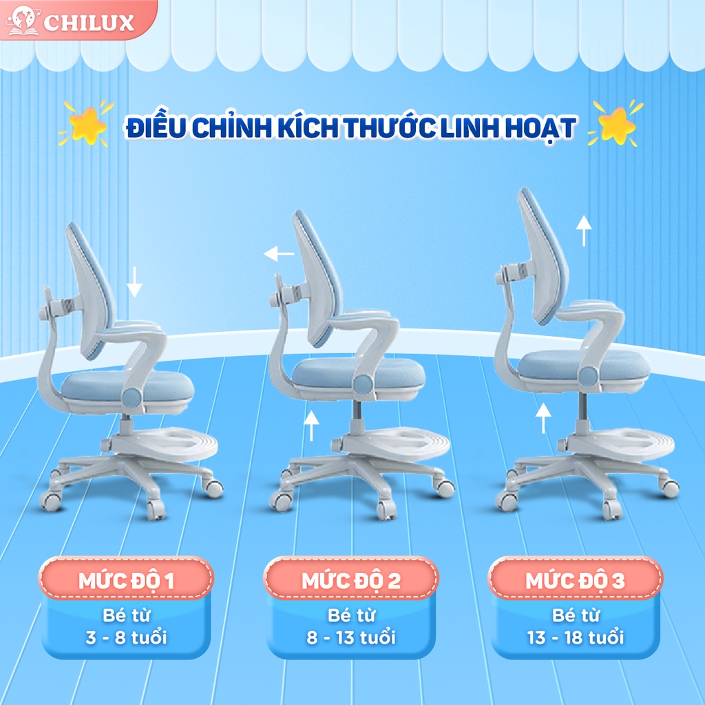 Ghế ngồi học chống gù, đúng tư thế cho bé Chilux G18, bảo vệ cột sống, có thể thay đổi chiều cao