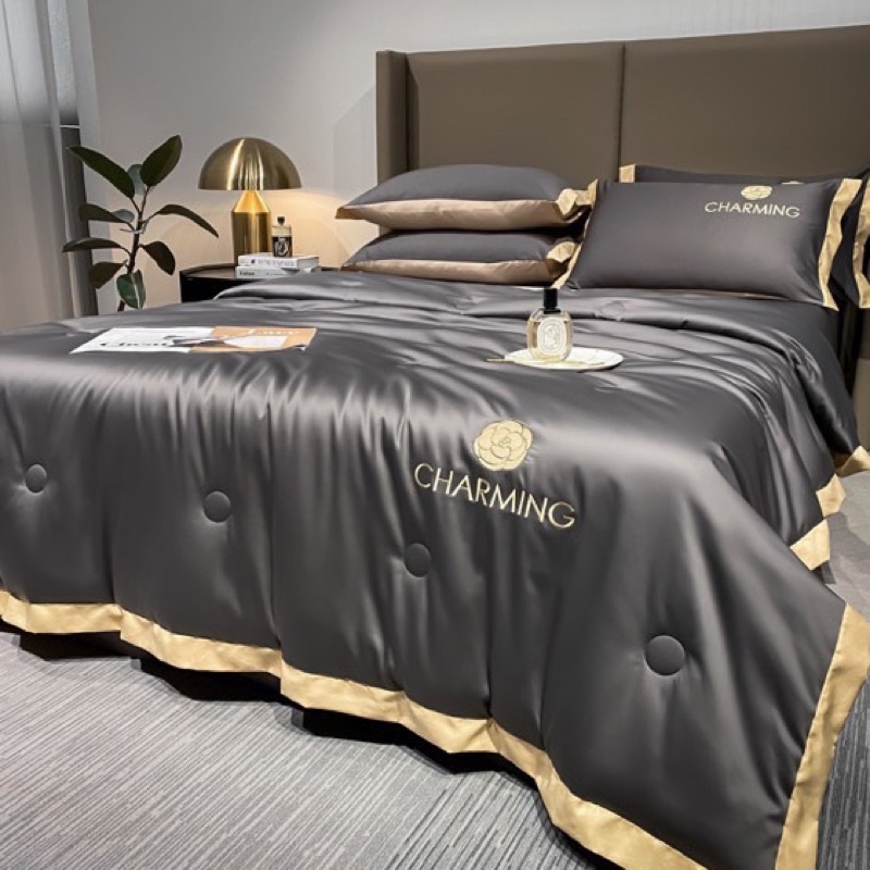 Bộ chăn ga gối phi lụa CHARMING óng mịn cao cấp , Ga giường vỏ gối chăn hè phi lụa chât liệu mềm mịn thoáng mát mới 2022
