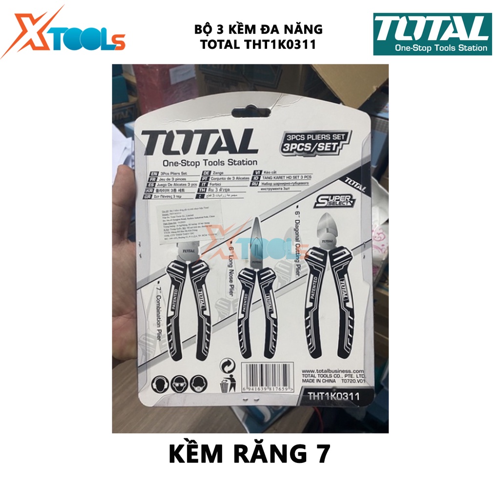 Bộ 3 kìm điện, kìm cắt, kìm mũi nhọn TOTAL THT1K0311 | bộ kềm đa năng gồm ba loại răng 7&quot;, mũi dài 6&quot;, cắt 6&quot;, đầu kềm đ