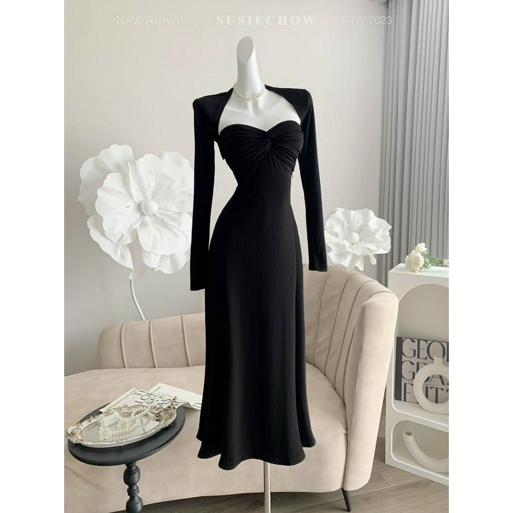 Set váy len quây xòe xoắn ngực áo khoác ngoài dài tay, dáng dài  vải len co giãn thoải mái mặc đi chơi, đi tiệc | XKSB64