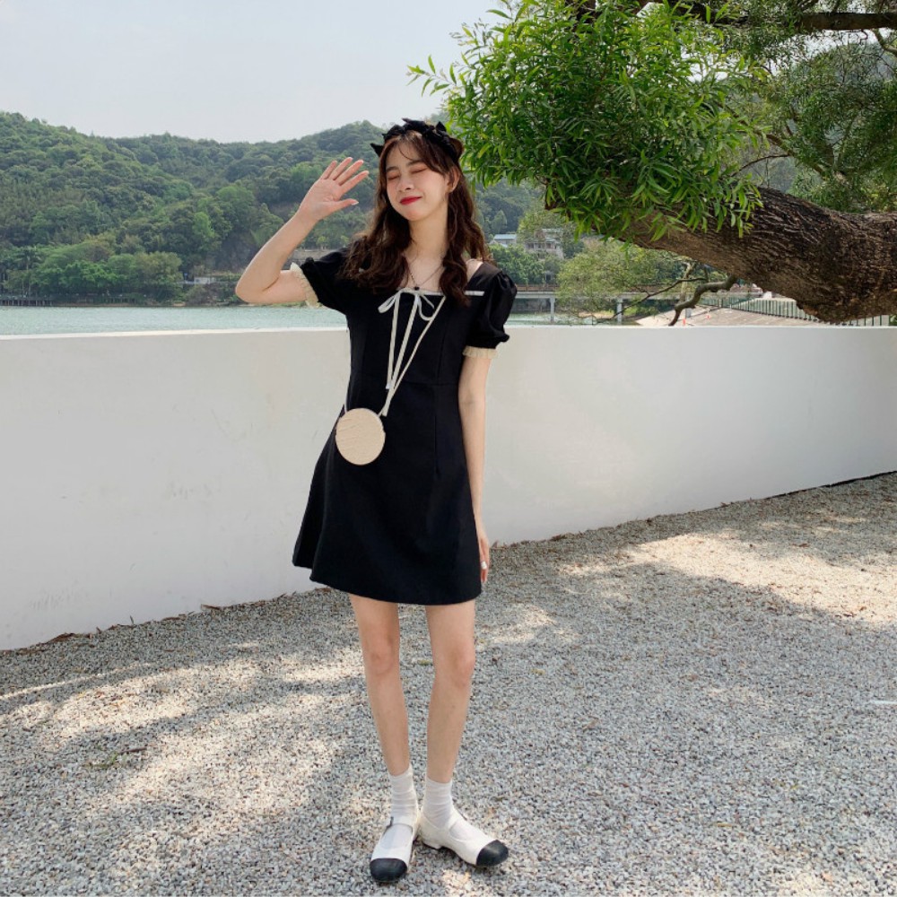 Váy nữ , váy đầm nữ thiết kế cổ vuông ngực thắt nơ , dáng váy ôm tay ngắn ATILA.SHOP | BigBuy360 - bigbuy360.vn