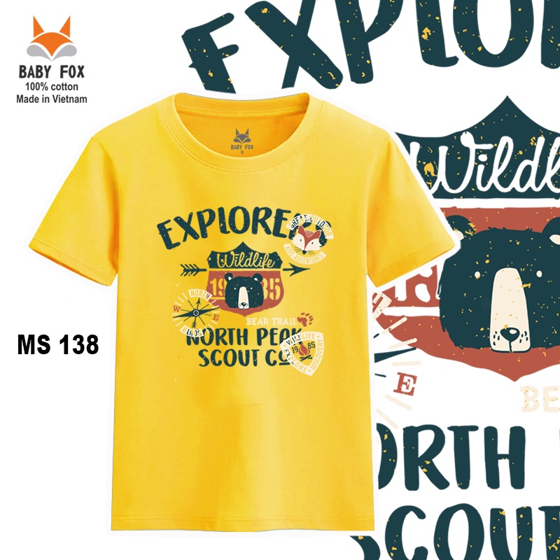 Áo thun bé trai 100% cotton loại tốt, áo phông thương hiệu BABY FOX size nhí, trung, đại e