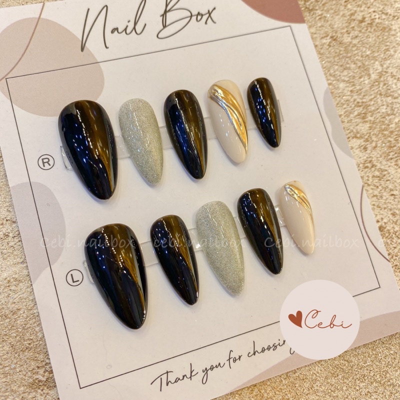 Móng úp thiết kế vân đá đen C028 tặng kèm keo dũa cebi.nailbox
