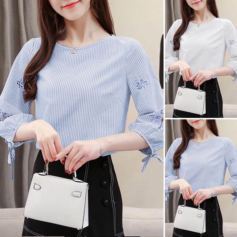 Áo Nữ ZANZEA Tay Dài Kẻ Sọc Thêu Hoa Thời Trang