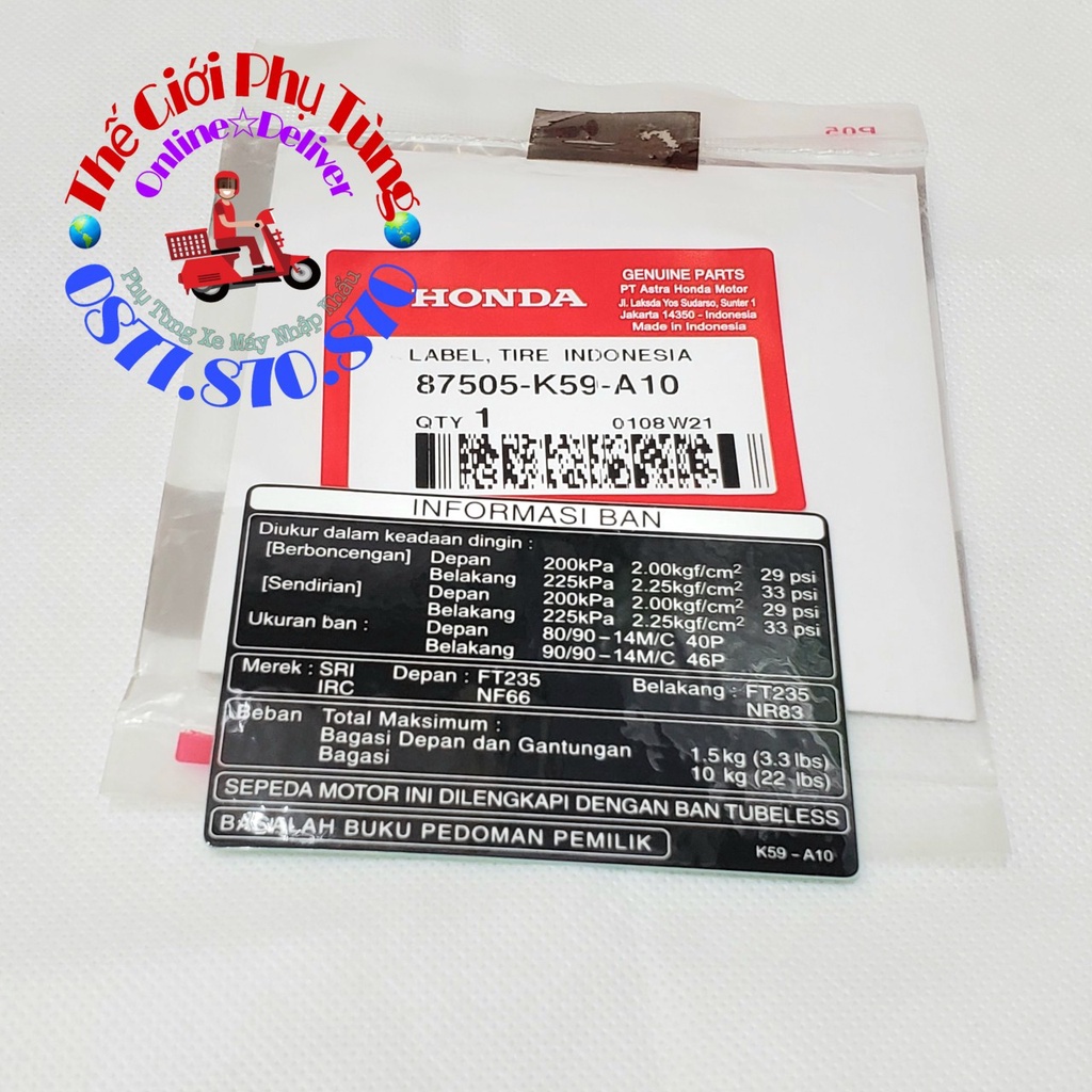 Tem thông số dán yếm khóa Vario 2015-2021 Zin honda Indo