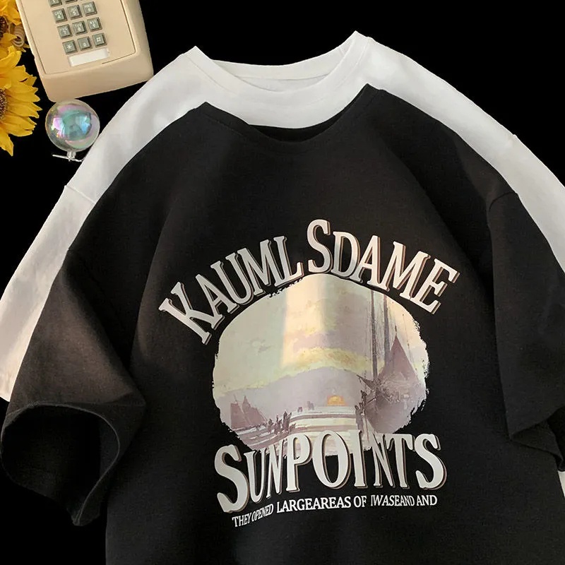 Áo Thun Tay Ngắn Dáng Rộng In Hình Phong Cảnh Phong Cách Hàn Quốc Thời Trang Cho Nữ