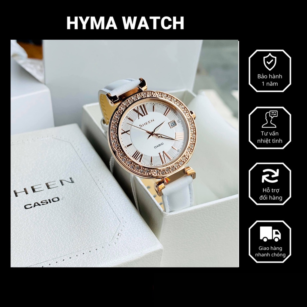 Đồng hồ nữ đính đá Casio Sheen She 6047PGL-7A dây da mặt trắng- Kính khoáng - chống nước 5ATM Bảo hành 1 năm Hyma watch