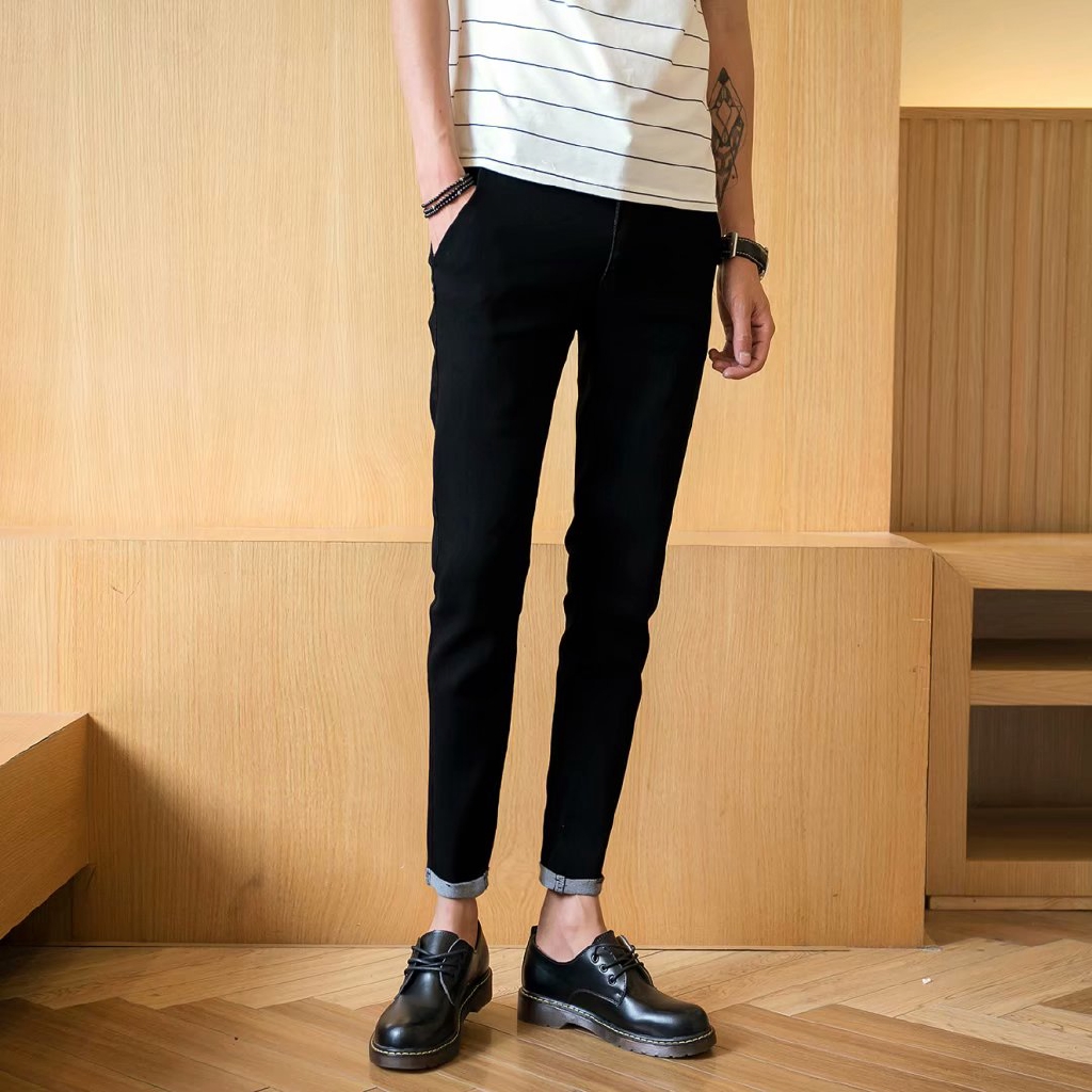 【27-34 waistline】 Korean Slim fit skinny ankle-length men's denim jeans spirit guy can stretch black tights for men and women trendy men's pants