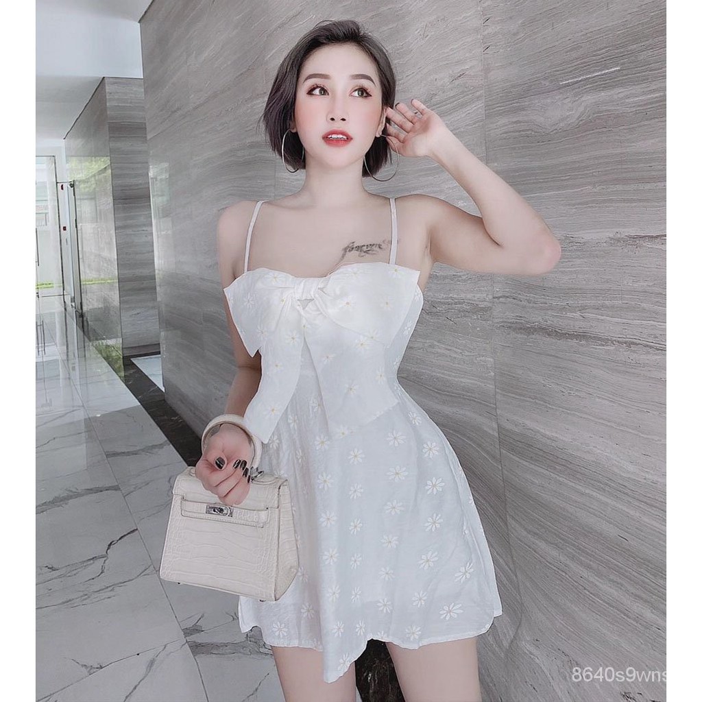 [FREE SIZE DƯỚI 52KG] ĐẦM XÒE NỮ 2 DÂY PHỐI NƠ IN HOA NHÍ ULZZANG XINH XẮN - THỜI TRANG GIÁ SỈ VN1227