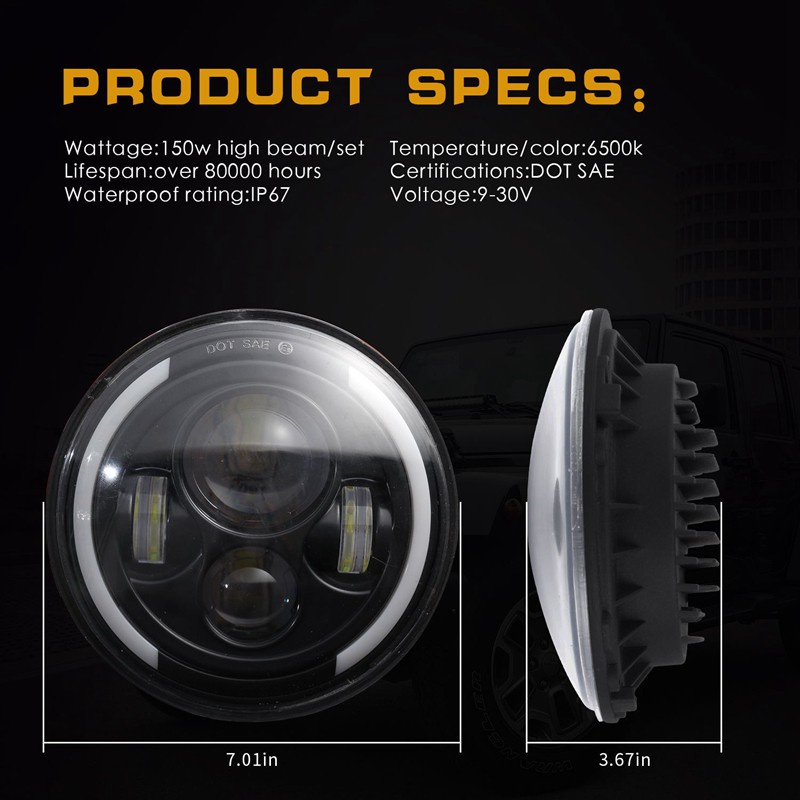 Đèn Pha Led 7 Inch 150w 6000k Ánh Sáng Hổ Phách Ip67