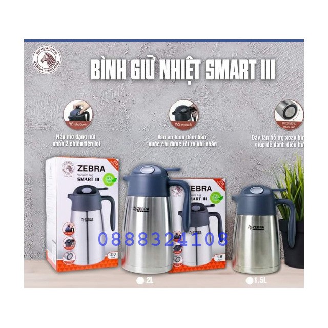 Bình Giữ Nhiệt Inox Zebra Thái Lan SUS304 Smart III 1,5L-2L-112948-112950