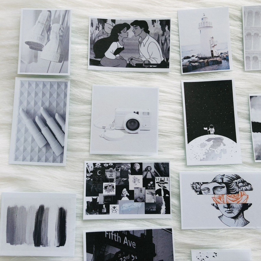 Bộ sticker/decal dán chủ đề Trắng Đen /trang trí sổ,bullet journal/decal dán điện thoại,laptop,nón BH-tiemtaphoacona