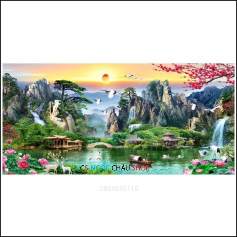 Tranh thêu chữ thập phong cảnh thiên nhiên Sơn Thuỷ Hữu Tình 3D LV3323 LV3324 Chưa thêu