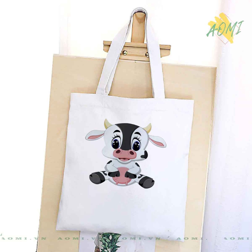 TOTE CANVAS bò sữa milk TÚI VẢI ĐEO VAI BAG CÓ KHÓA KÉO SIZE LỚN 33x38cm AOMIVN DU LỊCH DẠO PHỐ