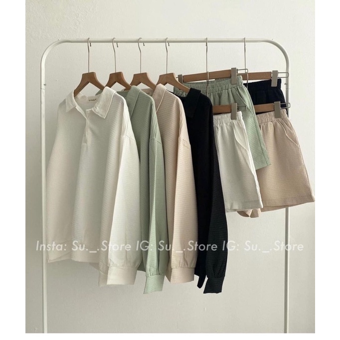 Set Basic Áo Cổ Somi Tay Dài Kèm Quần Short Dáng Năng Động