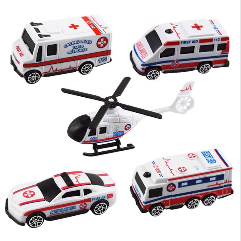 Bộ 5 xe ô tô máy bay cứu hỏa trang trí bánh kem, xe cứu thương trang trí bánh kem sinh nhật