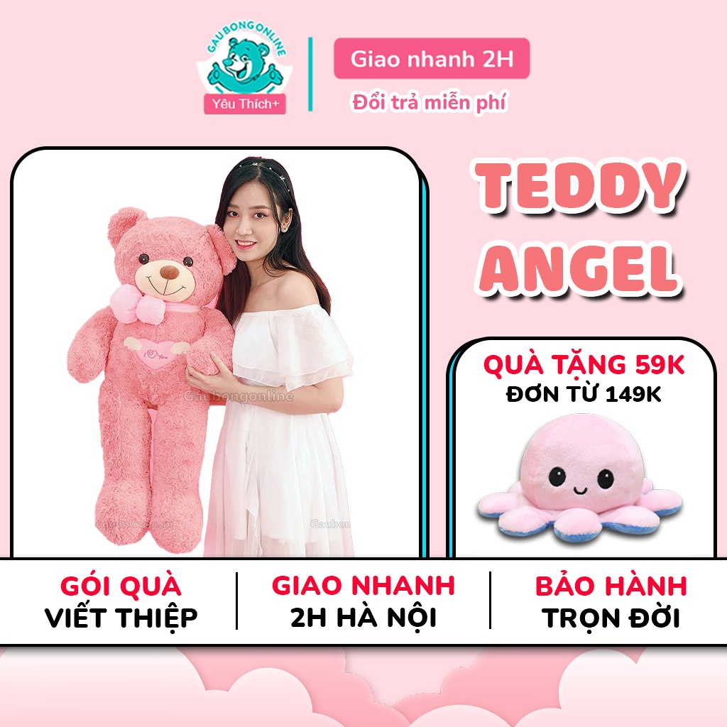 Gấu Bông Teddy Cao Cấp Angel hồng lông xoắn 80cm - 1m1 - 1m3 - 1m6. Quà tặng Đẹp và ý nghĩa.