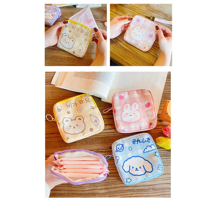 Túi Đựng Băng Vệ Sinh/Khăn Ăn mini Họa Tiết Gấu Hoạt Hình Dễ Thương Phong Cách Hàn Quốc Cho Nữ