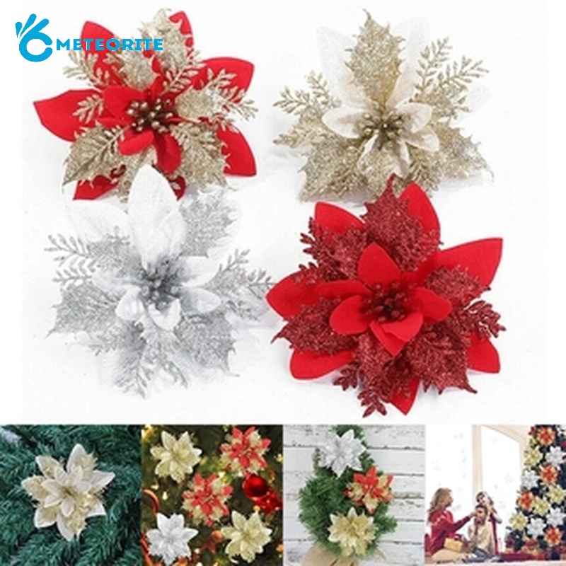 Bộ 5 Bông Hoa Đầu To 14cm Lấp Lánh Trang Trí Cây Thông Giáng Sinh / Năm Mới DIY