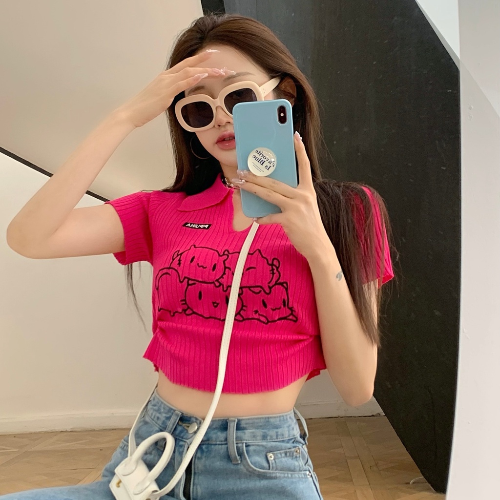 Áo croptop ZHELIHANGFEI cổ polo dệt kim tay ngắn thiết kế quyến rũ cá tính cho nữ