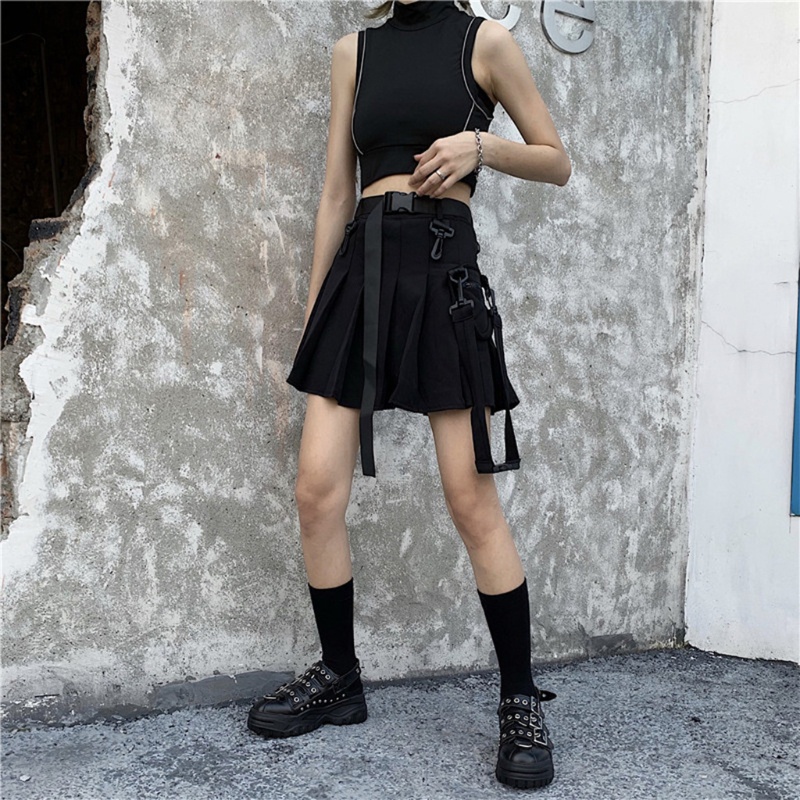 Chân Váy Chữ A Mini Lưng Cao Màu Trơn Phối Khóa Kéo Phong Cách Harajuku