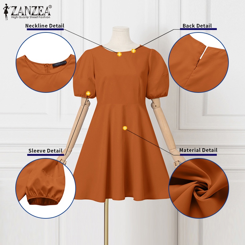 ZANZEA Đầm Ngắn Cổ Tròn Tay Phồng Thời Trang Nữ Hàn Quốc