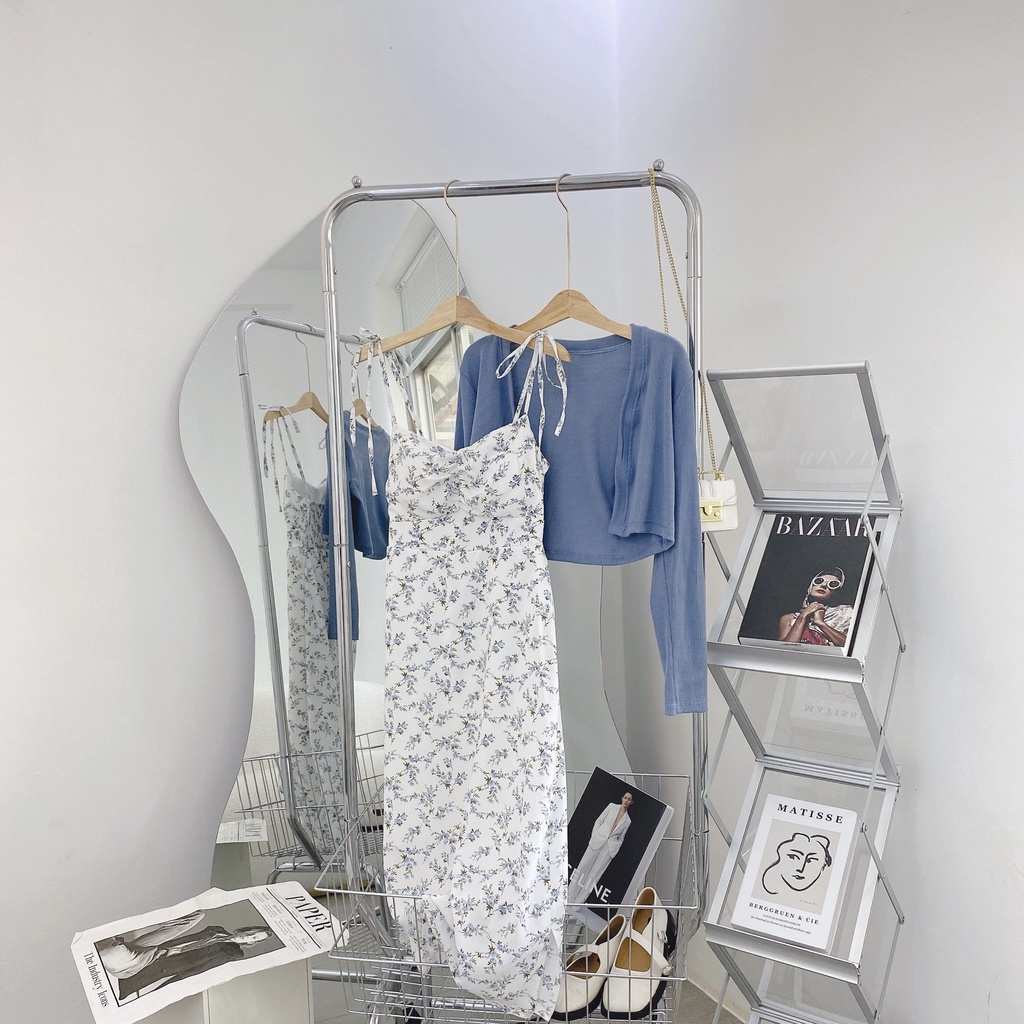 SET ĐẦM MIDI NHÍU NGỰC XẺ HOA KHOÁC XANH