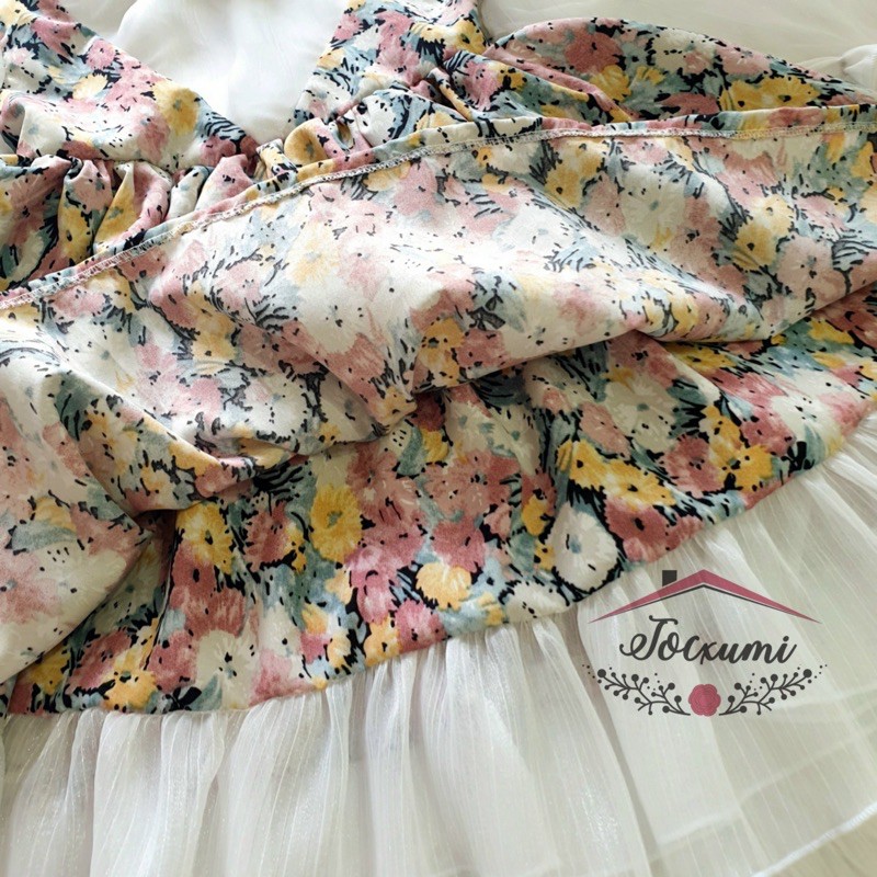 Đầm hoa 2 lớp phối lụa tay dài - Tocxumi