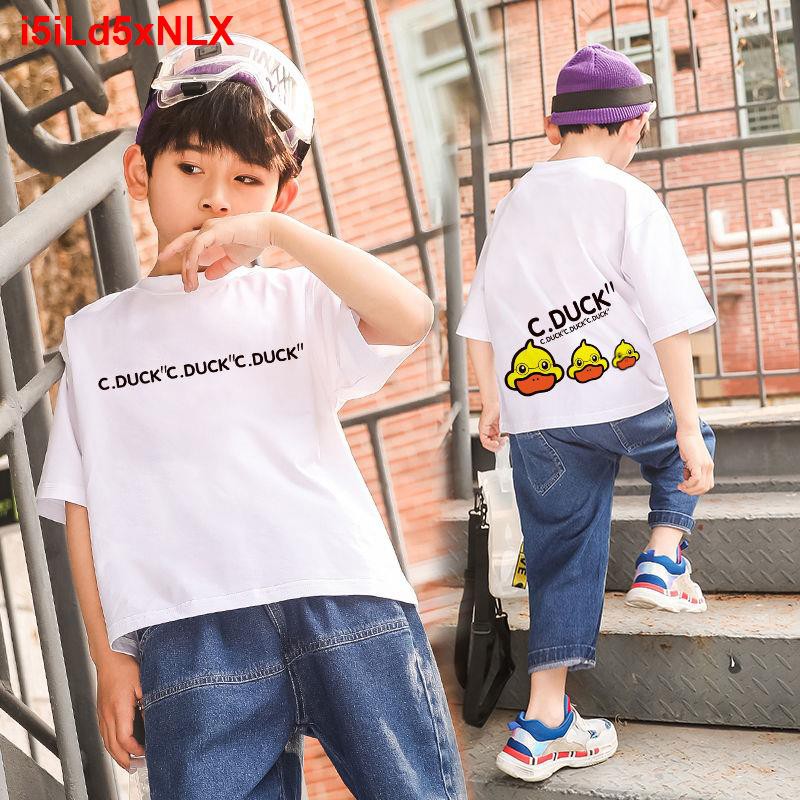 Quần áo trẻ em thun ngắn tay bé trai và gái thoáng khí mùa hè cotton tinh khiết T cổ tròn trung niên màu đặc
