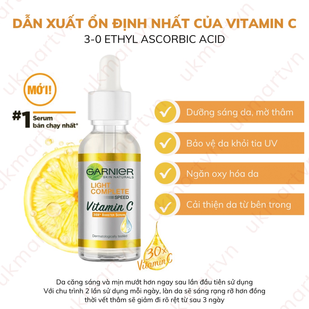 Tinh Chất Garnier Tăng Cường Sáng Da Mờ Thâm 30ml Light Complete 30x Vitamin C Booster Serum 30ml