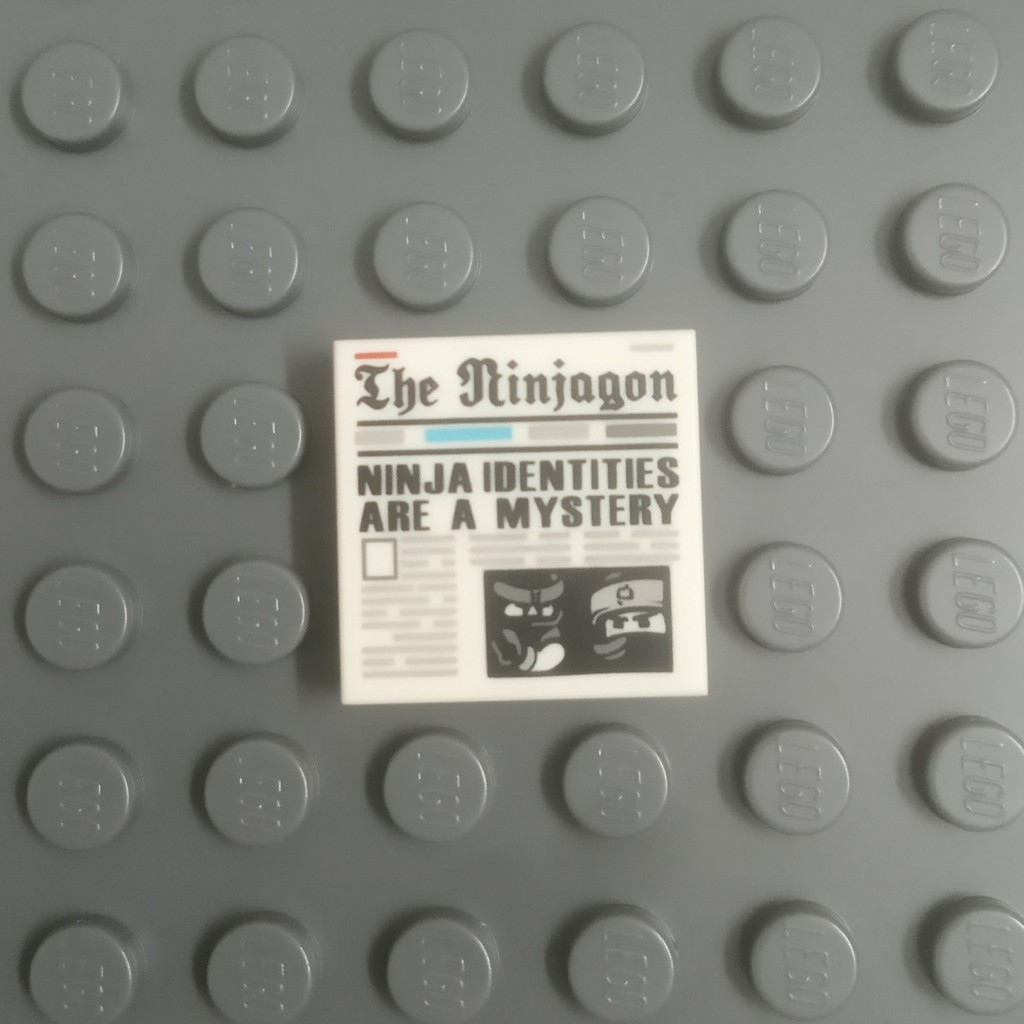 Lego Tile 2 x 2 with Groove with Newspaper, 'The Ninjagon', and 'NINJA IDENTITIES ARE A MYSTERY' Pattern