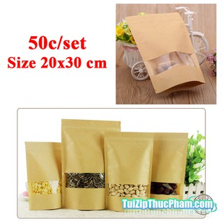 50 cái túi zipper size 20x30cm đựng 700g bột mịn, túi zip giấy kraft vàng có cửa sổ, túi zipper đựng thực phẩm
